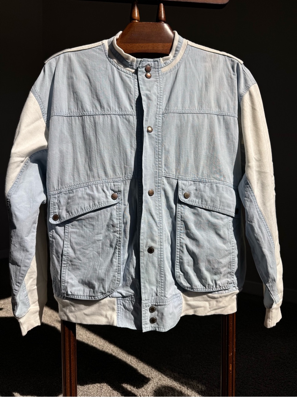 Vintage Generation One Colorblock Bomber Jacket Blue White Snap Front Oversize